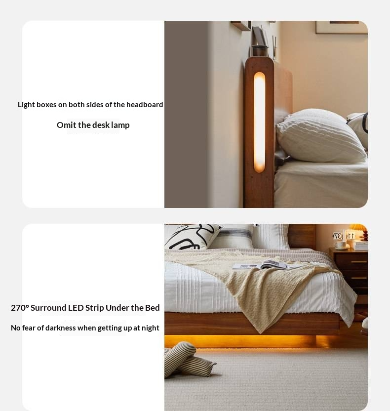 Black Walnut, Sandalwood Solid Wood Box Bed — Luxury Floating Bed with Glow-in-the-Dark Features