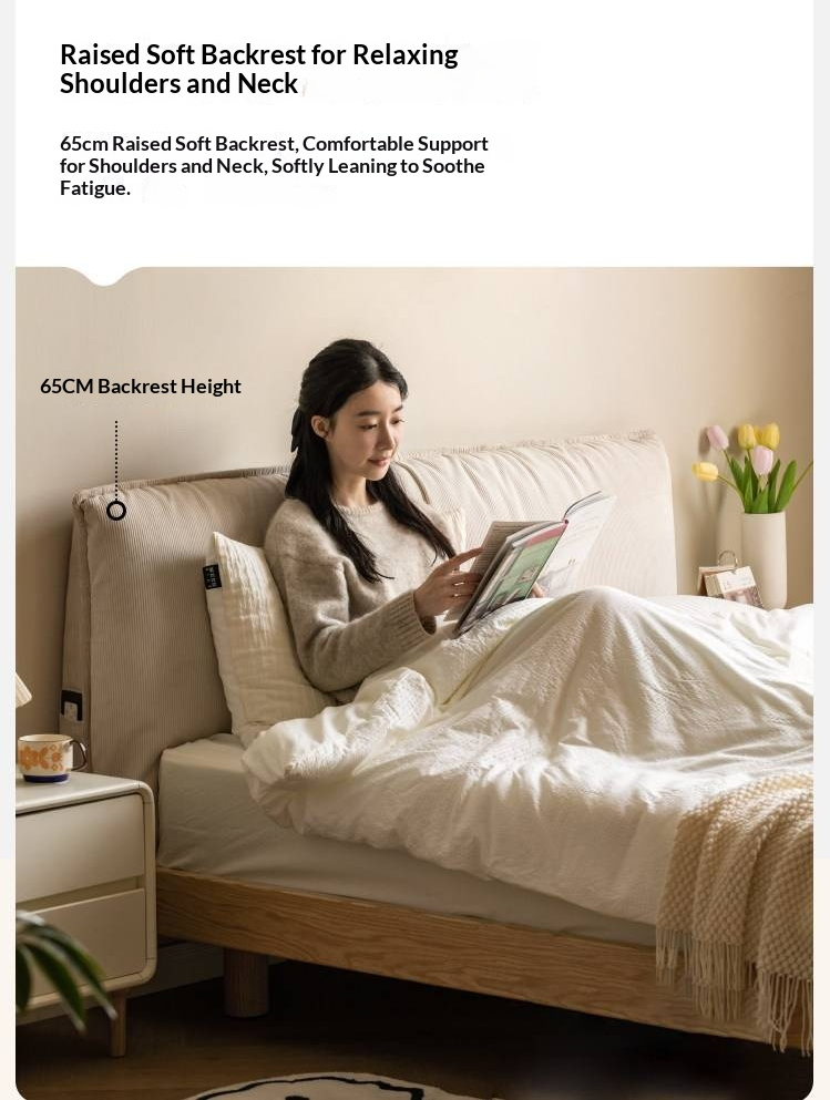 Oak Solid Wood Bed — Cream Style Upholstered Suspended Luminous Bed