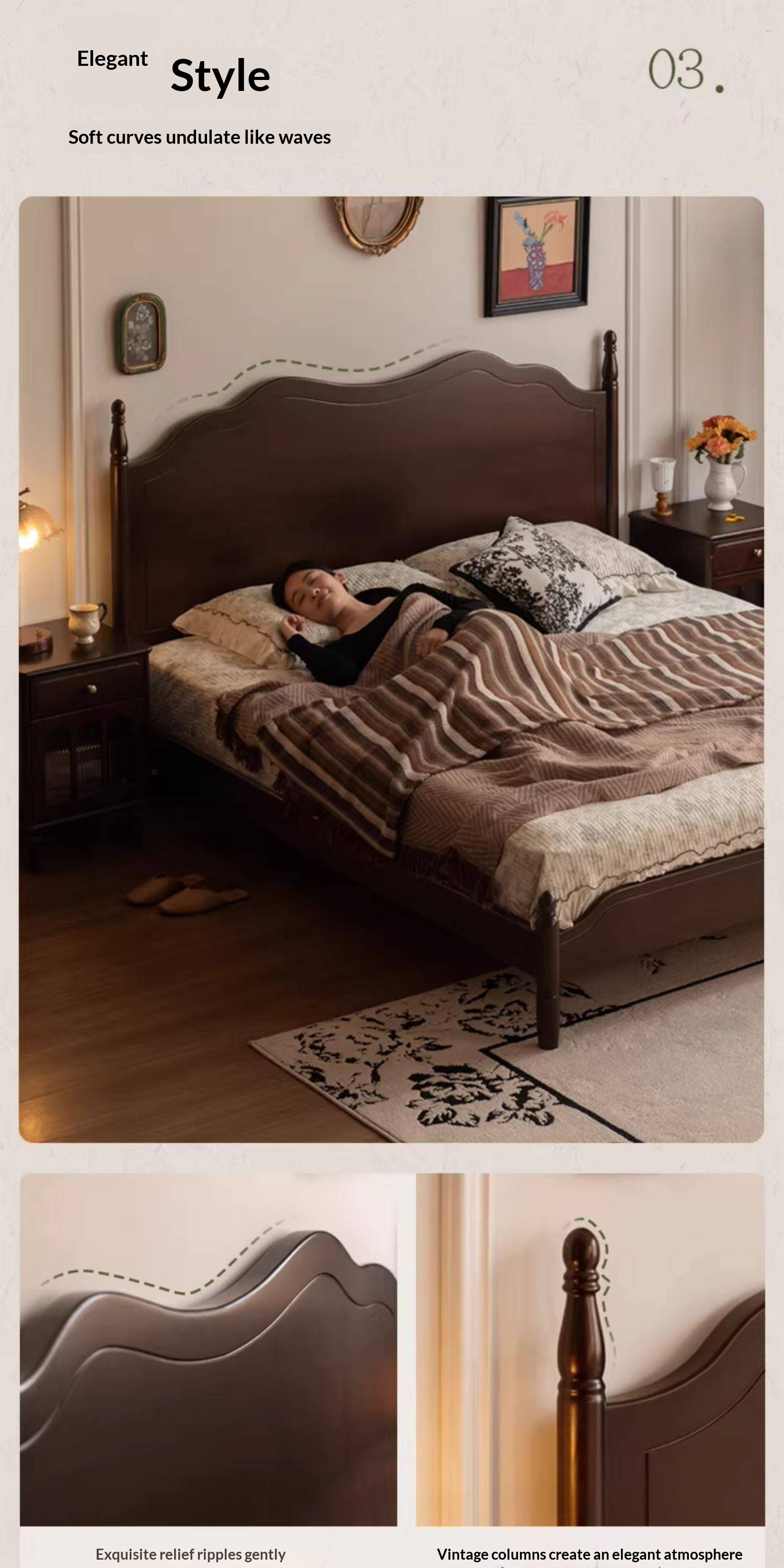 Poplar Solid Wood Bed — French Retro Style with Mid-Fashion Design