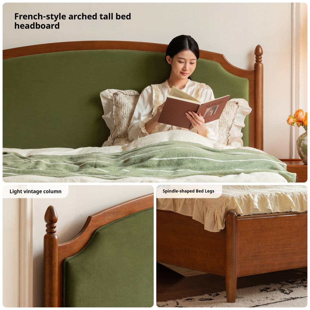Poplar Solid Wood Box Bed — French Retro Style with Soft Backrest and Mid-Fashion Design