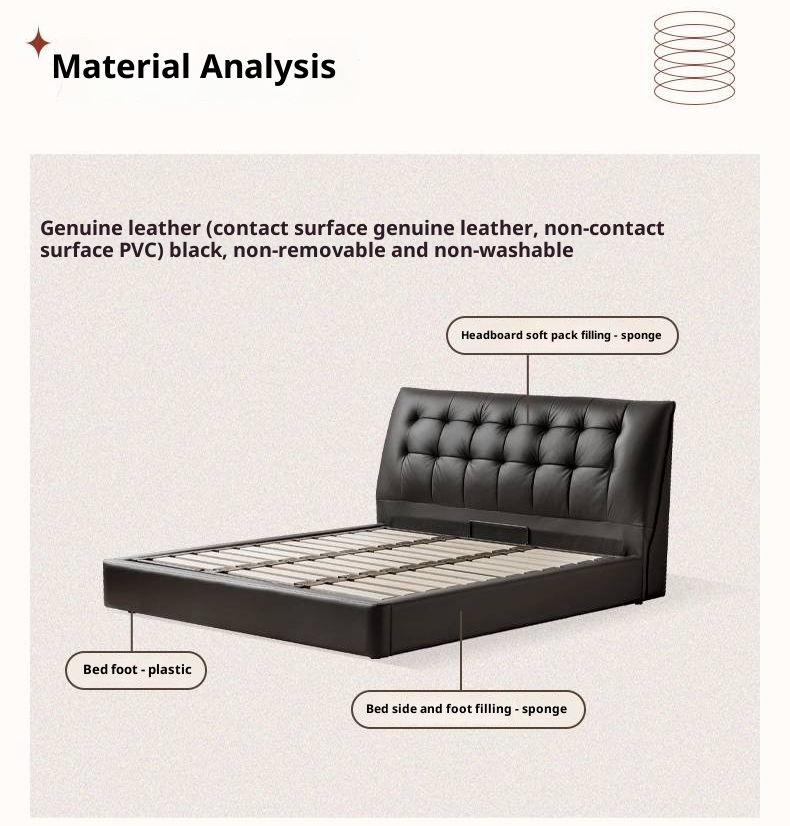 Genuine Leather Black Light Luxury Soft Box Bed
