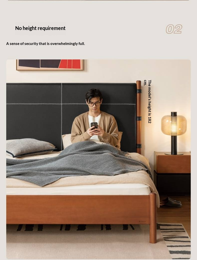 Poplar Solid Wood Bed with Vintage High Backrest and Soft Upholstery