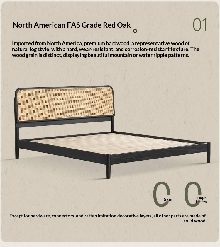 Oak Solid Wood Bed — Black Slab Rattan Vintage Style Bed