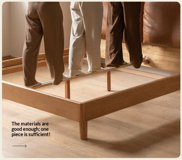 Cherry Solid Wood Bed — Retro Style with Genuine Leather Upholstery