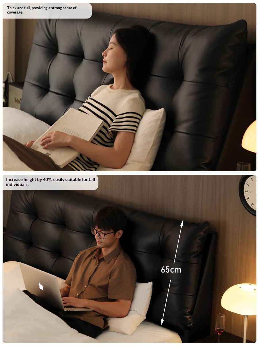 Genuine Leather Upholstered Double Bed in Solid Wood Frame