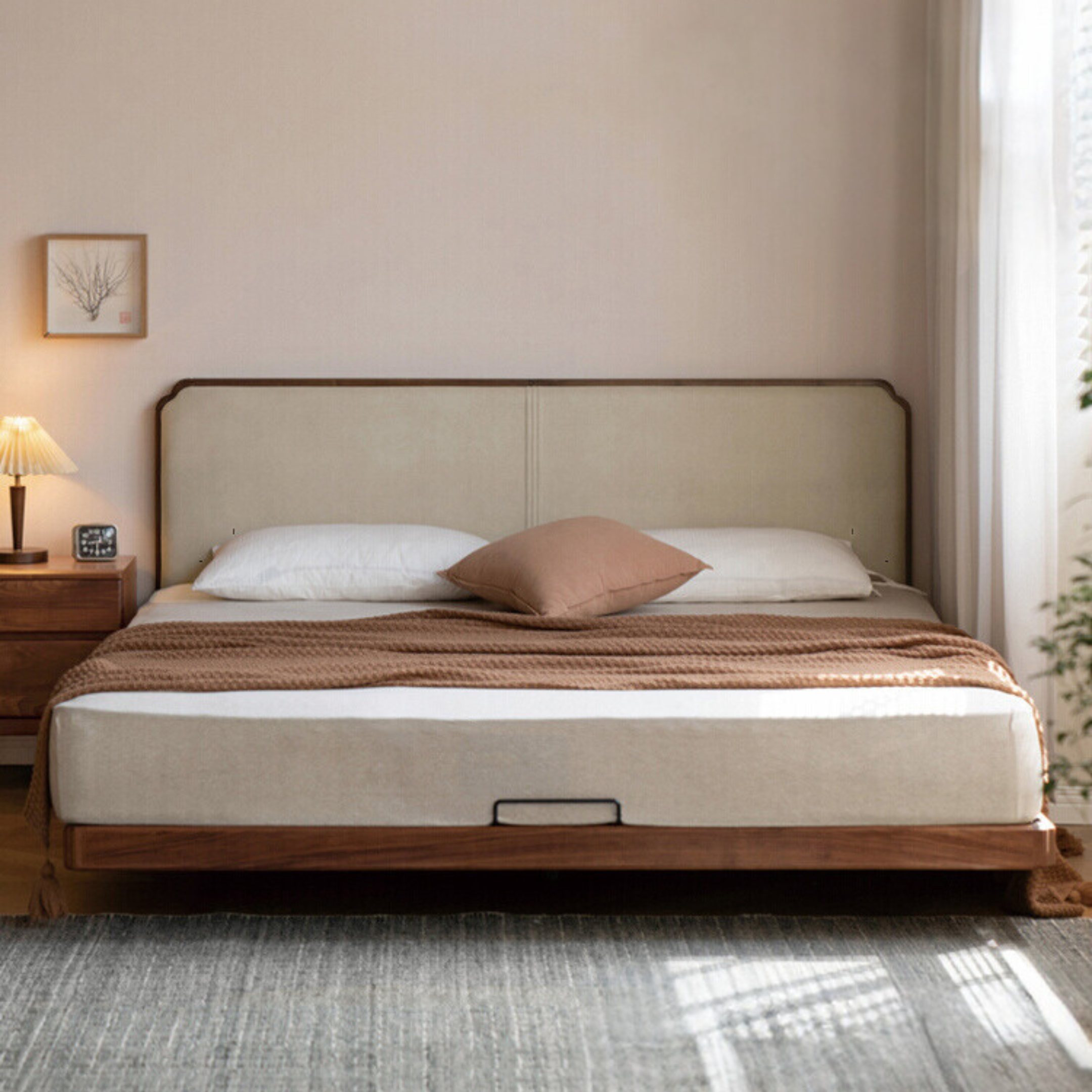 North American Black Walnut, Oak Technical Cloth Organic Leather Soft Suspended Bed