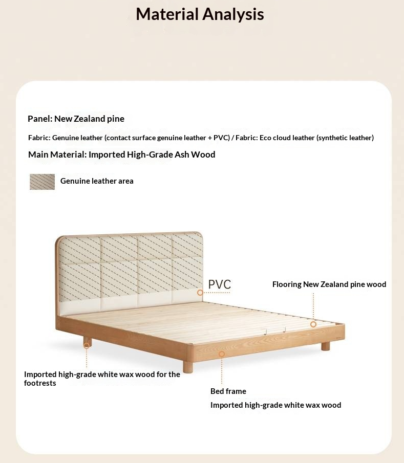 Ash Solid Wood Bed with Top Grain Cowhide Upholstery in Modern Minimalist Style