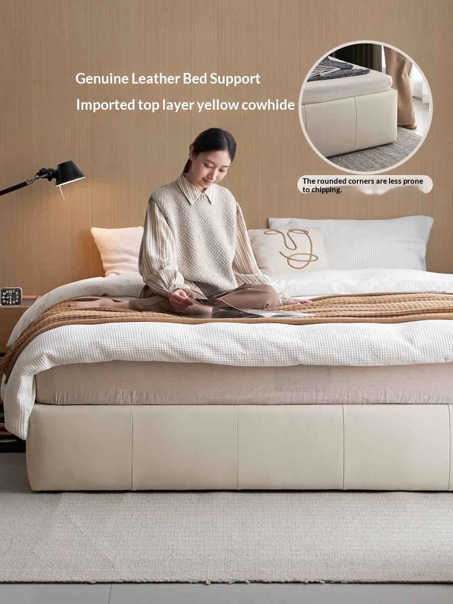 Genuine Leather Luxury Platform Box Bed, Headboard-Free Bed