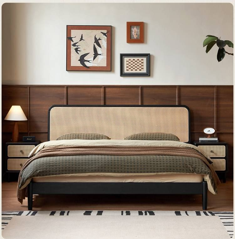 Oak Solid Wood Bed — Black Slab Rattan Vintage Style Bed