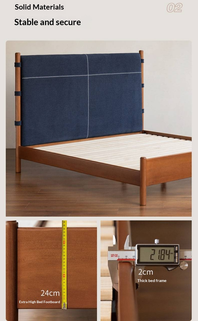 Poplar Solid Wood Bed with Vintage High Backrest and Soft Upholstery