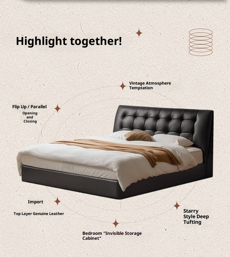 Genuine Leather Black Light Luxury Soft Box Bed