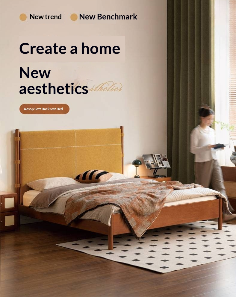 Poplar Solid Wood Bed with Vintage High Backrest and Soft Upholstery