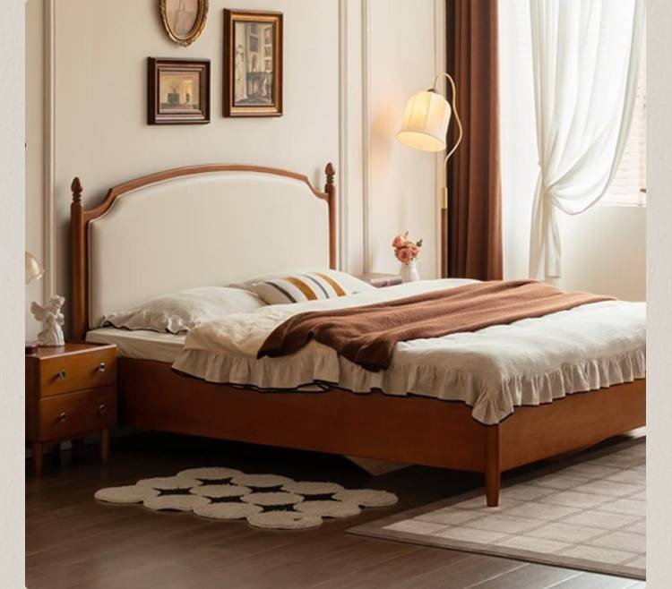 Poplar Solid Wood Box Bed — French Retro Style with Soft Backrest and Mid-Fashion Design
