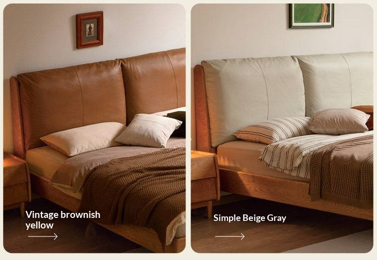 Cherry Solid Wood Bed — Retro Style with Genuine Leather Upholstery