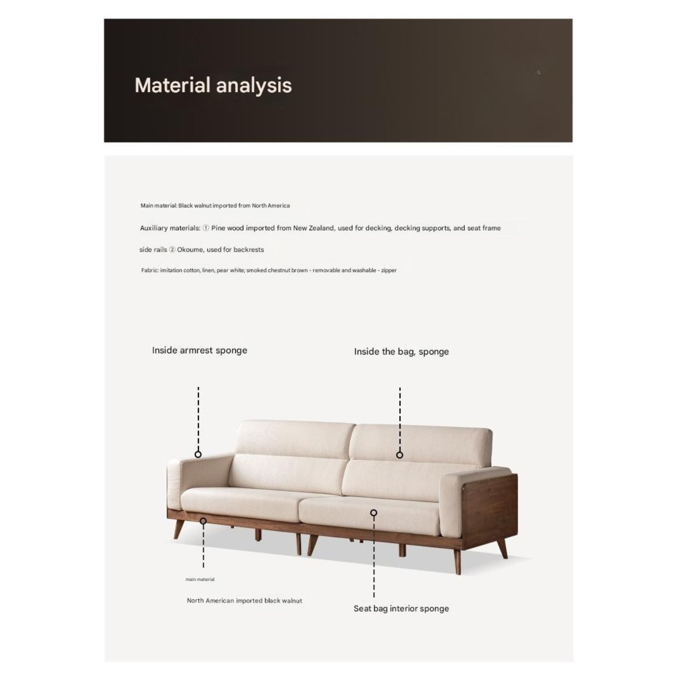 Black Walnut, Oak, Ash Solid Wood fabric sofa high back