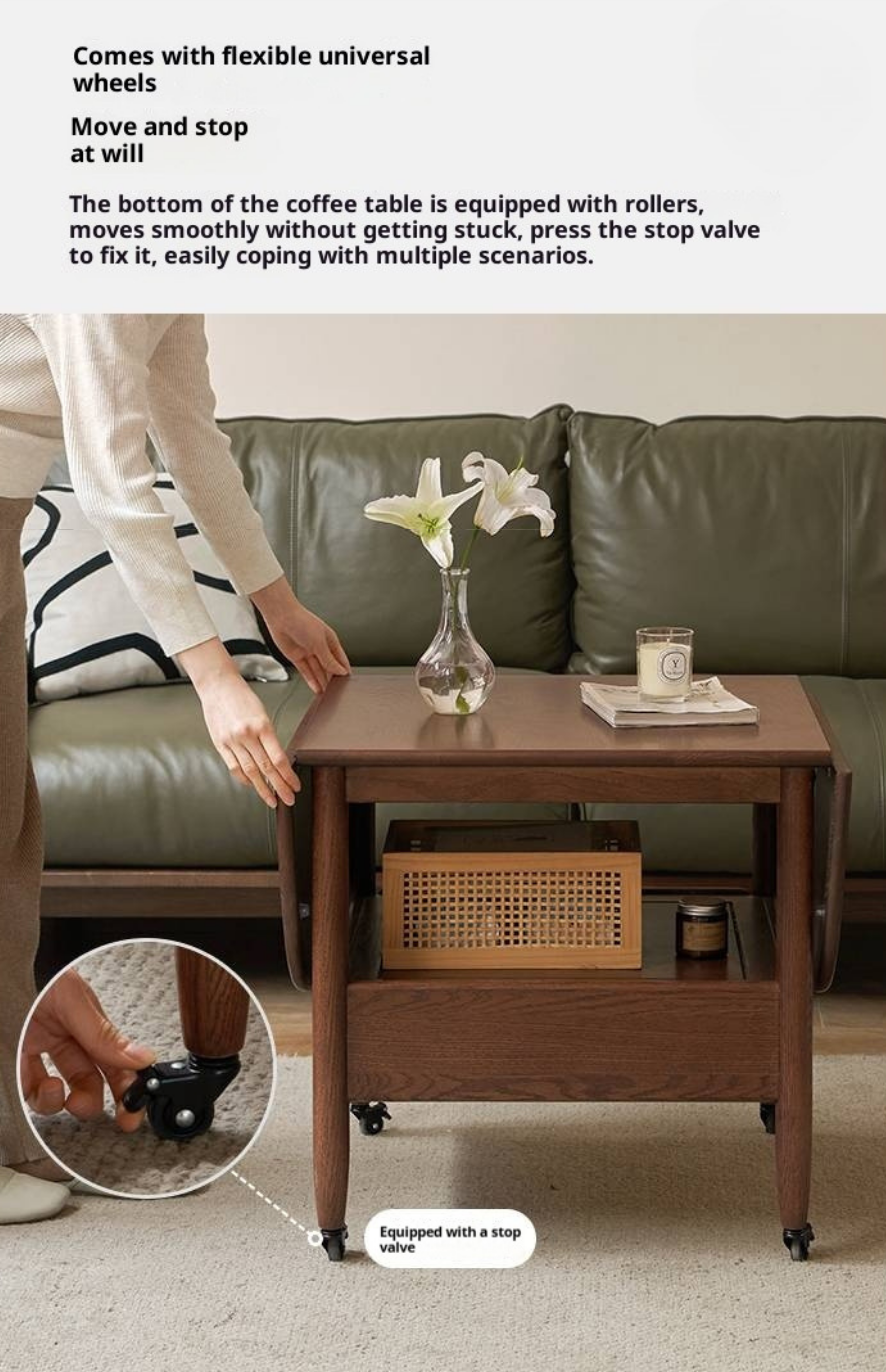 Oak Solid Wood Folding Movable Coffee Table