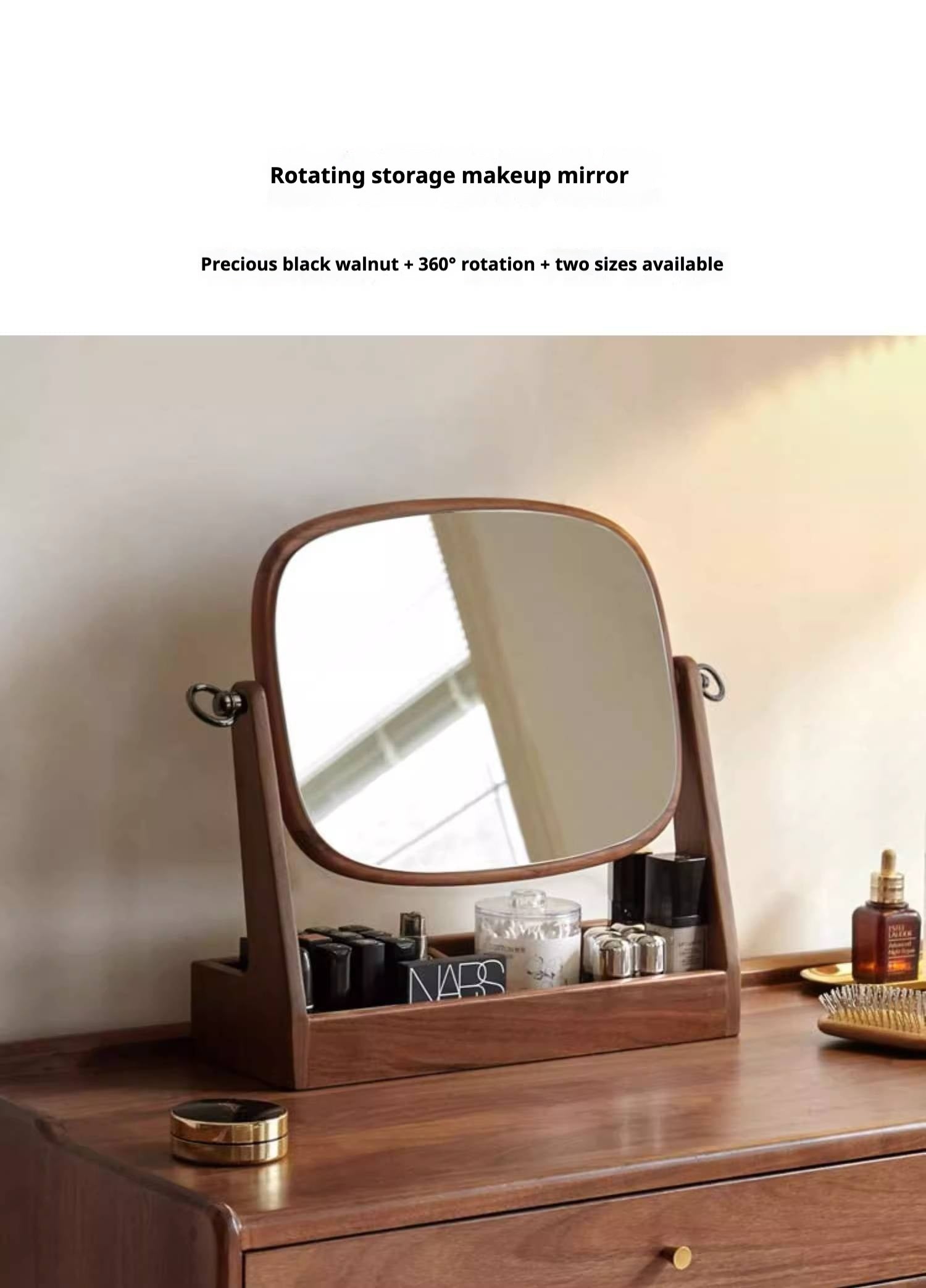 Black walnut solid wood makeup mirror storage box degree rotation
