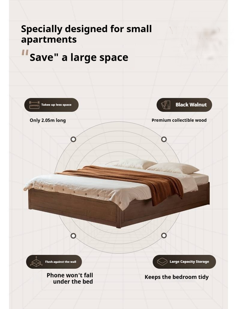 Black Walnut Solid Wood Italian Light Luxury Platform Bed, Headboard-Free Box Bed