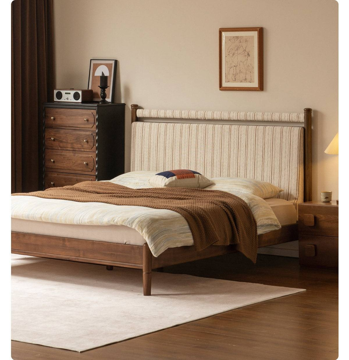 Black Walnut Solid Wood Bed with Plush Genuine Leather Cushioned Headboard