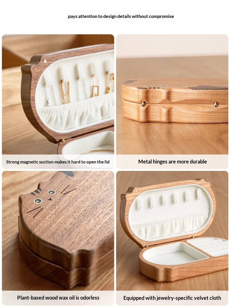 Cherry, Black Walnut Solid Wood Portable Jewelry Box with Multi-Compartment Storage