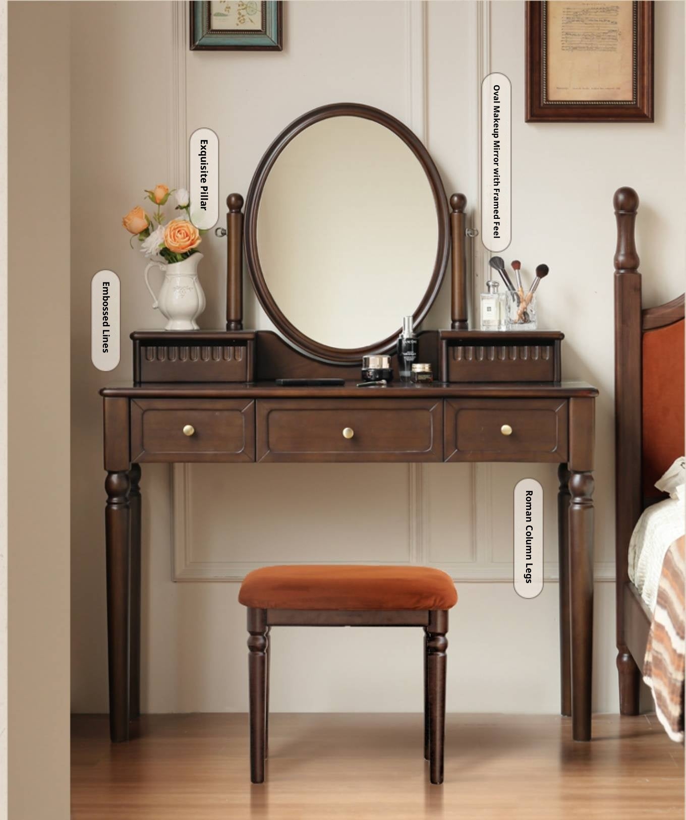 Poplar Solid Wood American Retro Style Dressing Table with Makeup Mirror