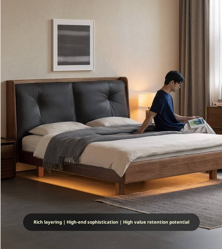 Black Walnut Solid Wood Italian Light Luxury Genuine Leather Soft Bed