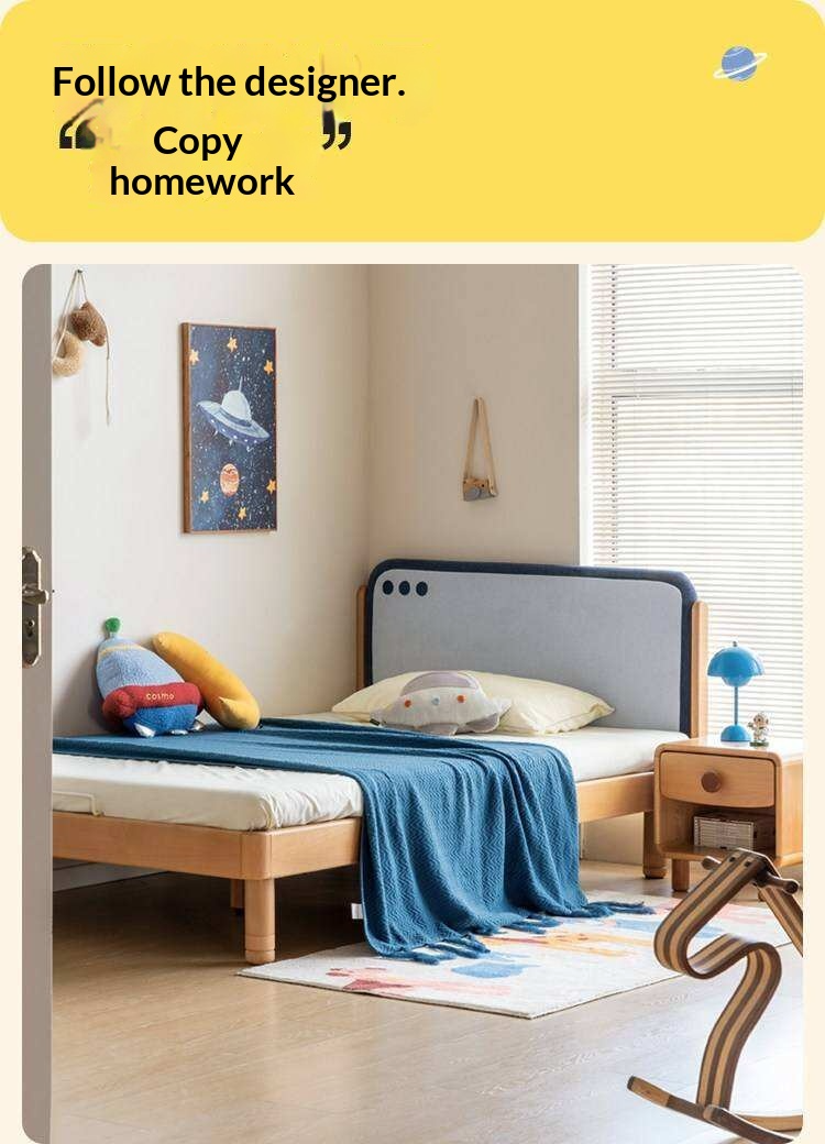 Beech Solid Wood Kids Montessori Platform Bed with Upholstered Headboard