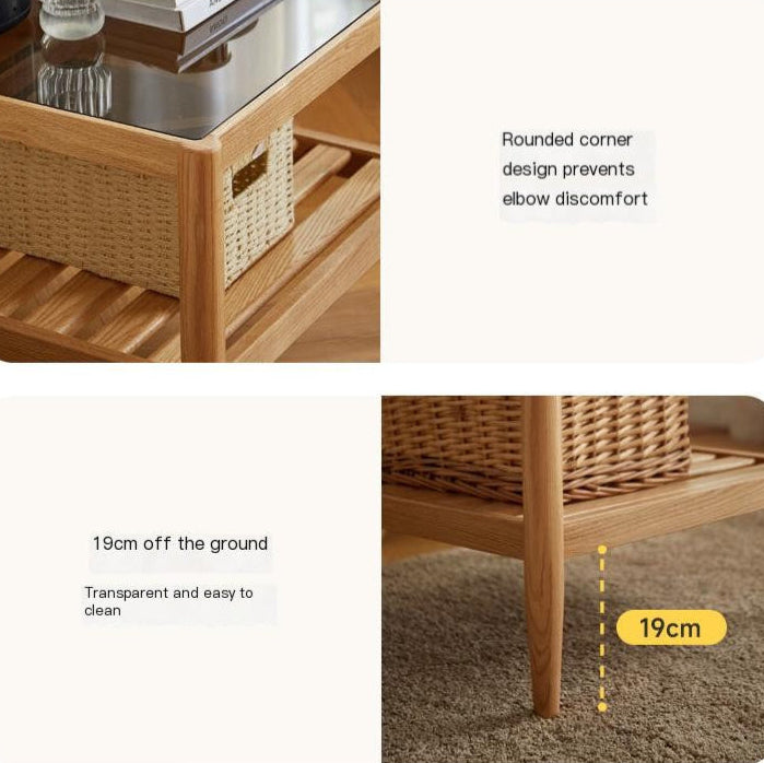 Oak Solid Wood Nordic Glass Coffee Table.
