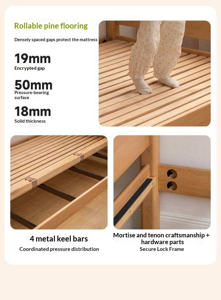 Beech Solid Wood Kids Bed with Bookcase Headboard and Pull-Out Trundle
