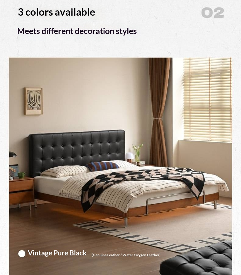 Tulipwood Solid Wood Bed — Bauhaus Style with Soft Genuine Leather Headboard