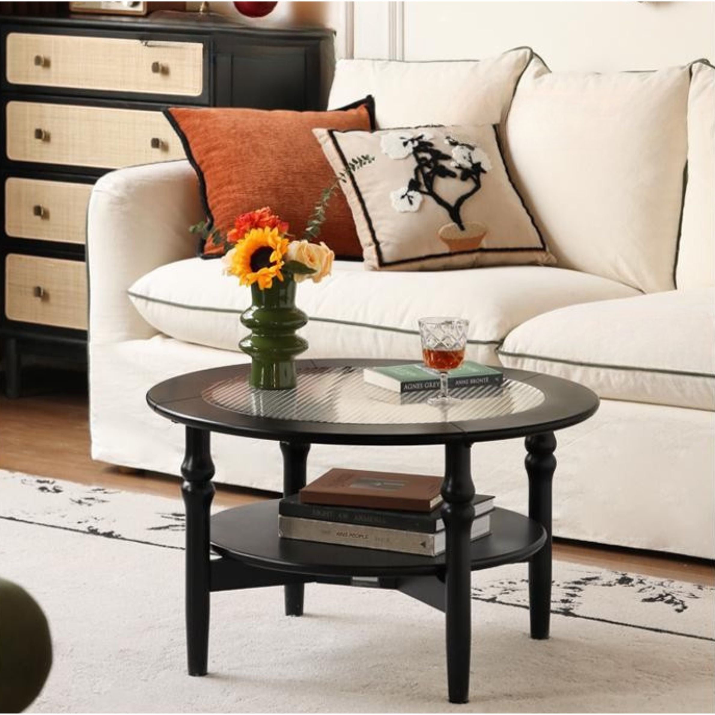 Rubber Solid Wood French Retro Glass Coffee Table.