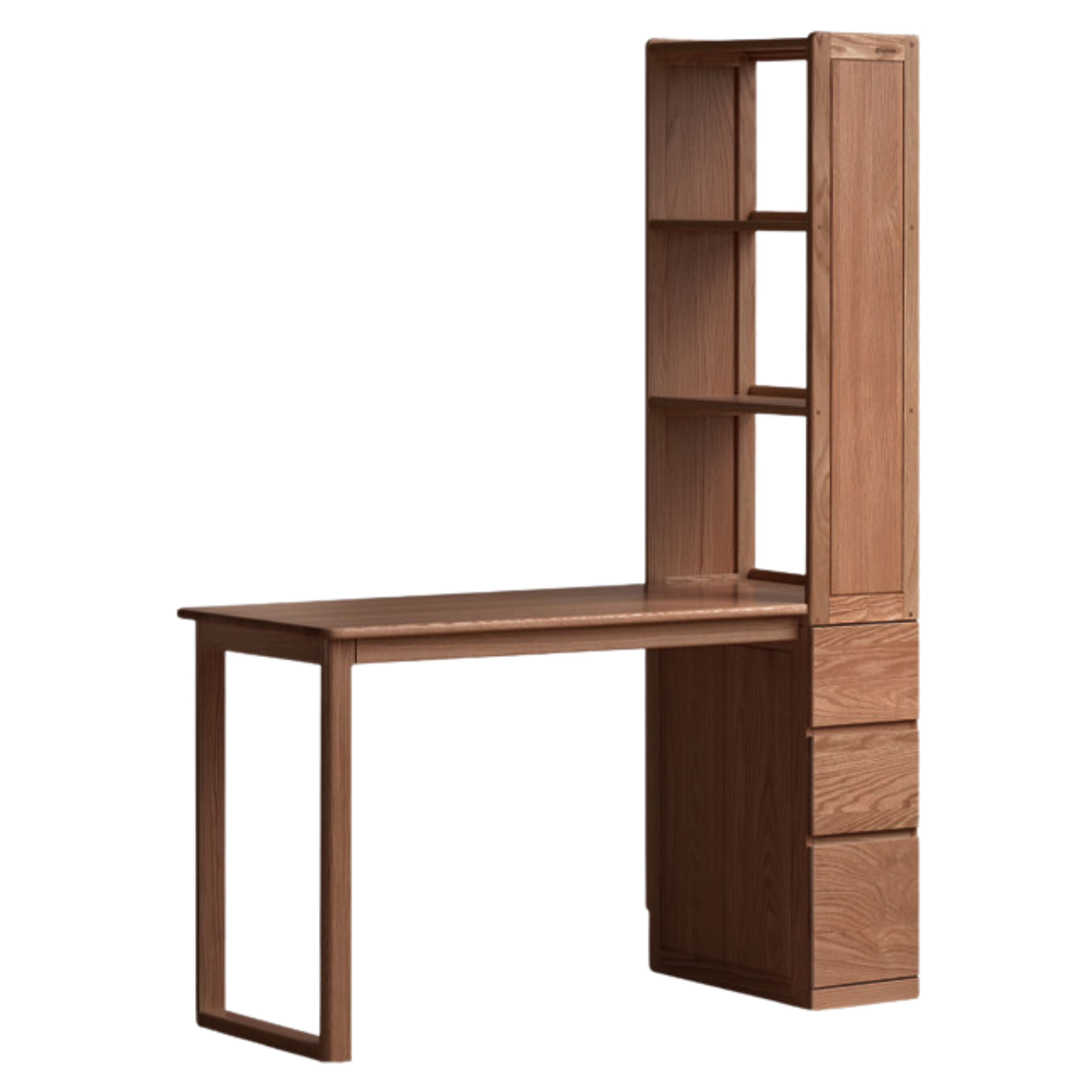 Oak Solid Wood Desk with Bookshelf and Drawer