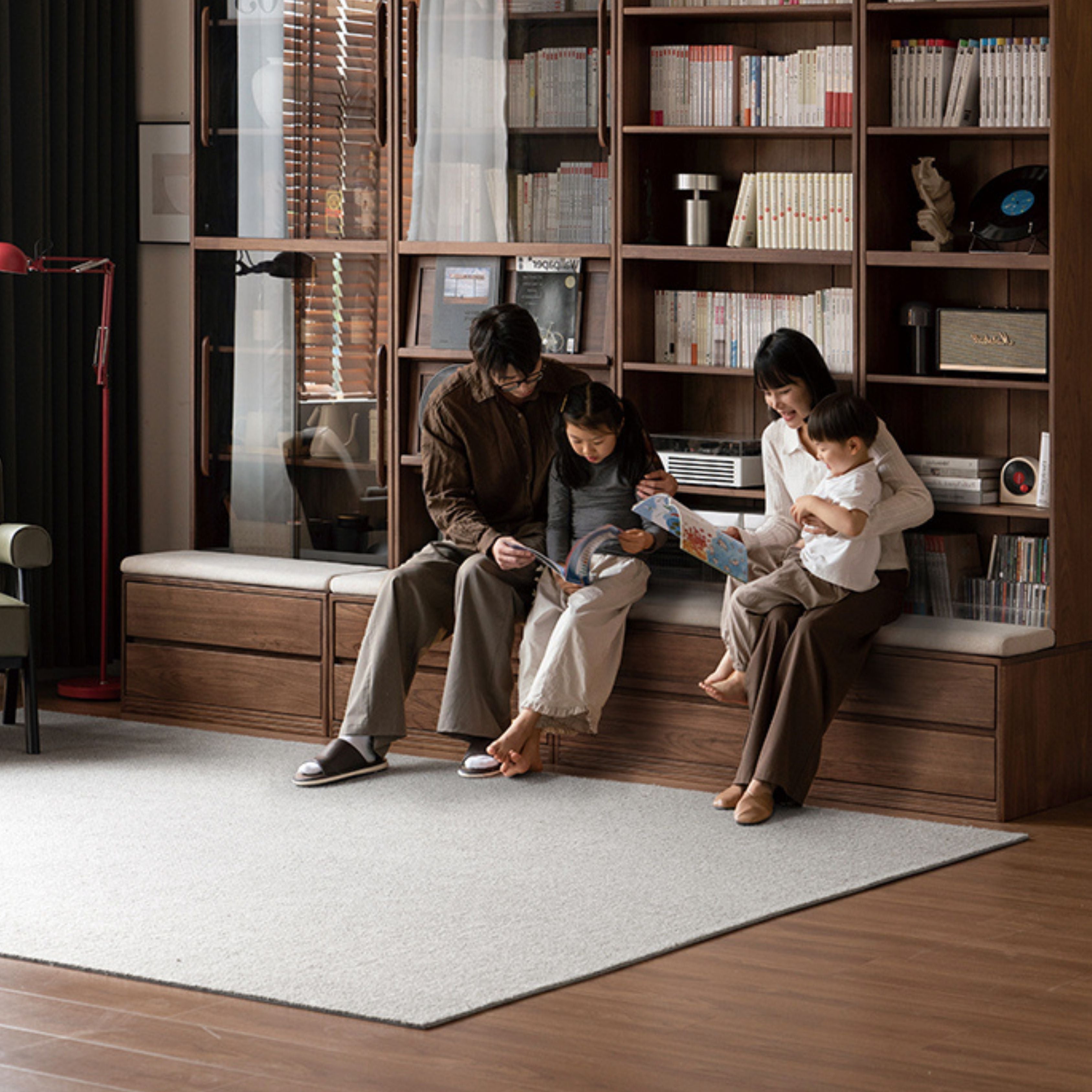 Black Walnut, Oak, Sandalwood, Ash Solid Wood Light Luxury Combined Bookshelf With Seat