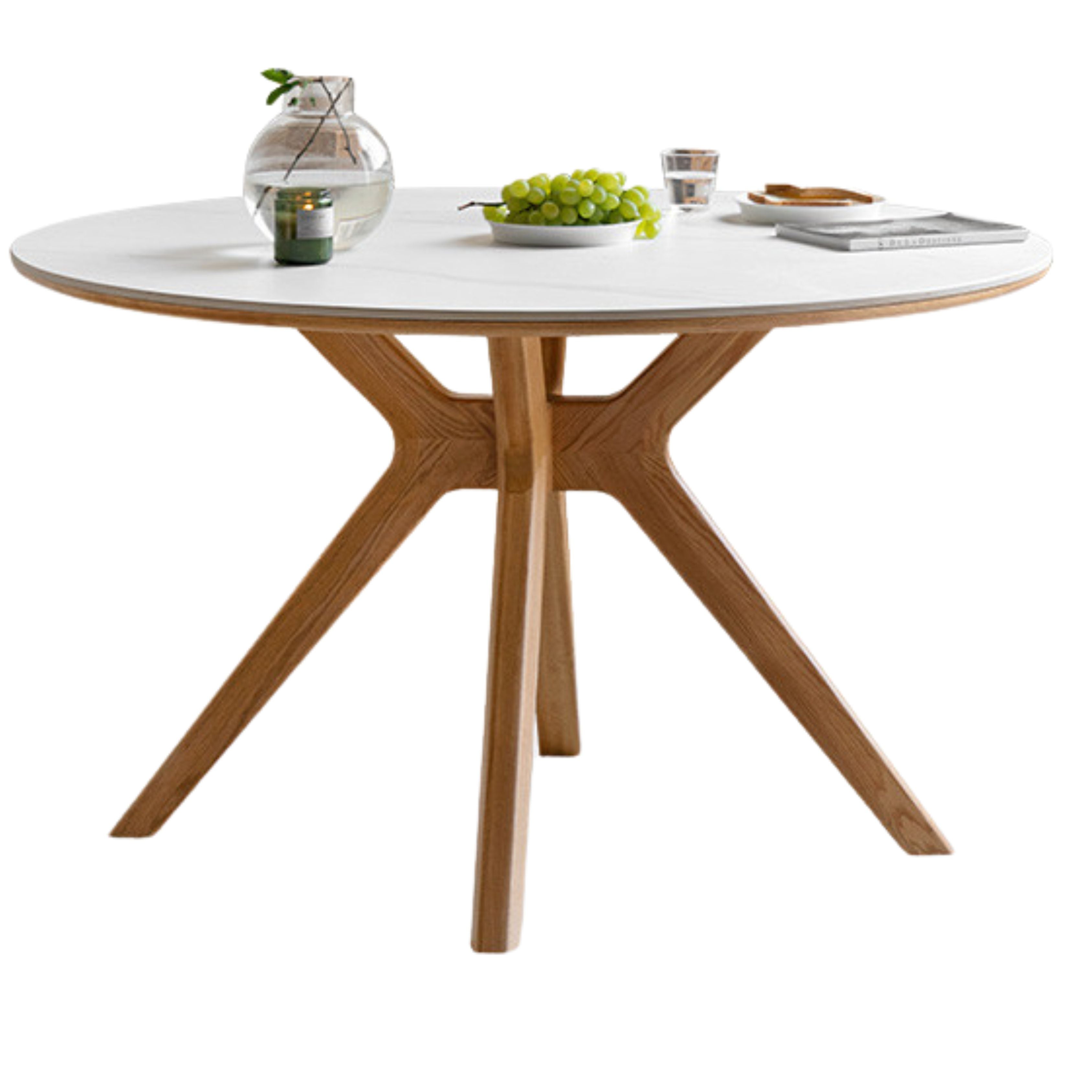 Oak Solid Wood Round Nordic Dining Table With Rock Slab Surface