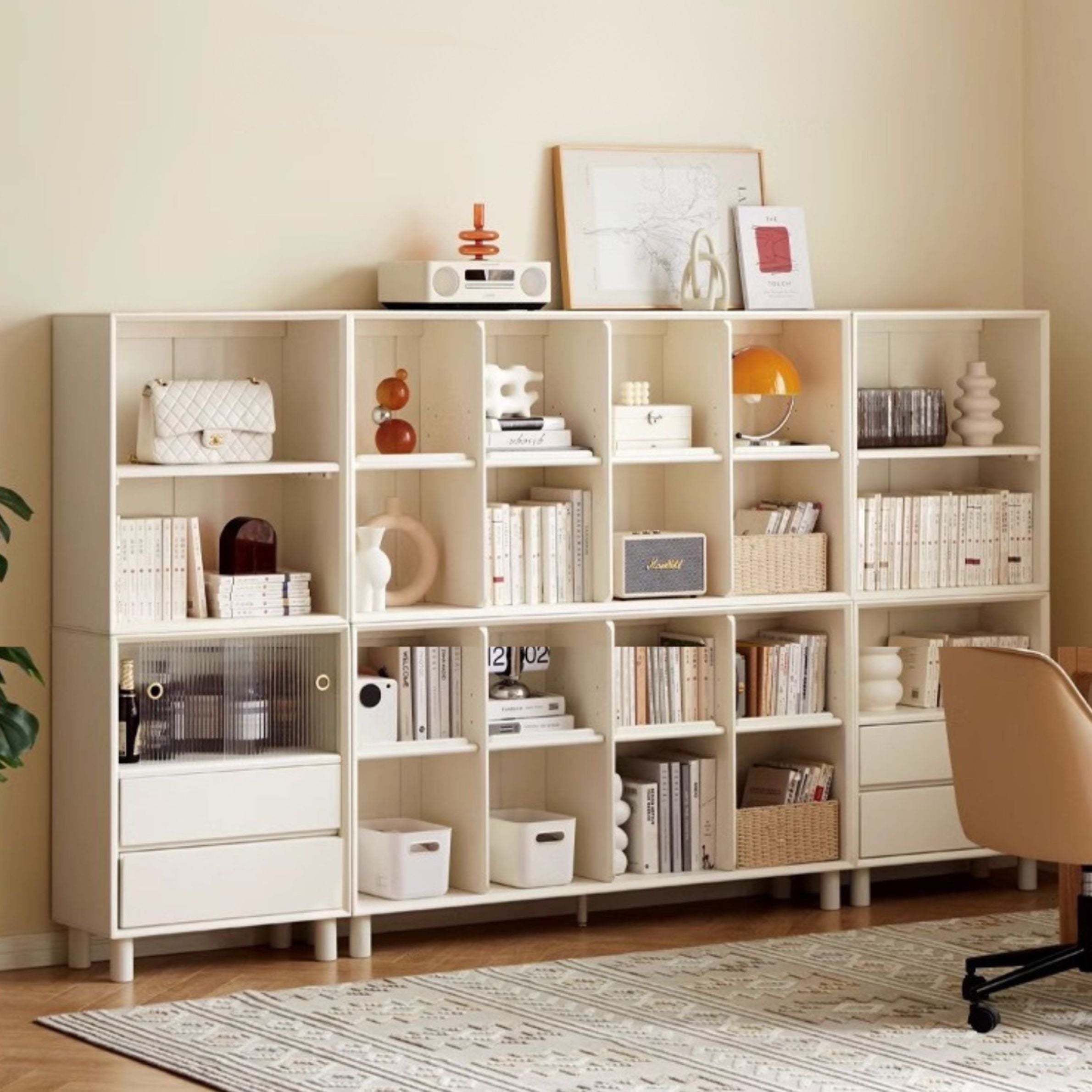 Rubber Solid Wood Cream Style Bookcase.