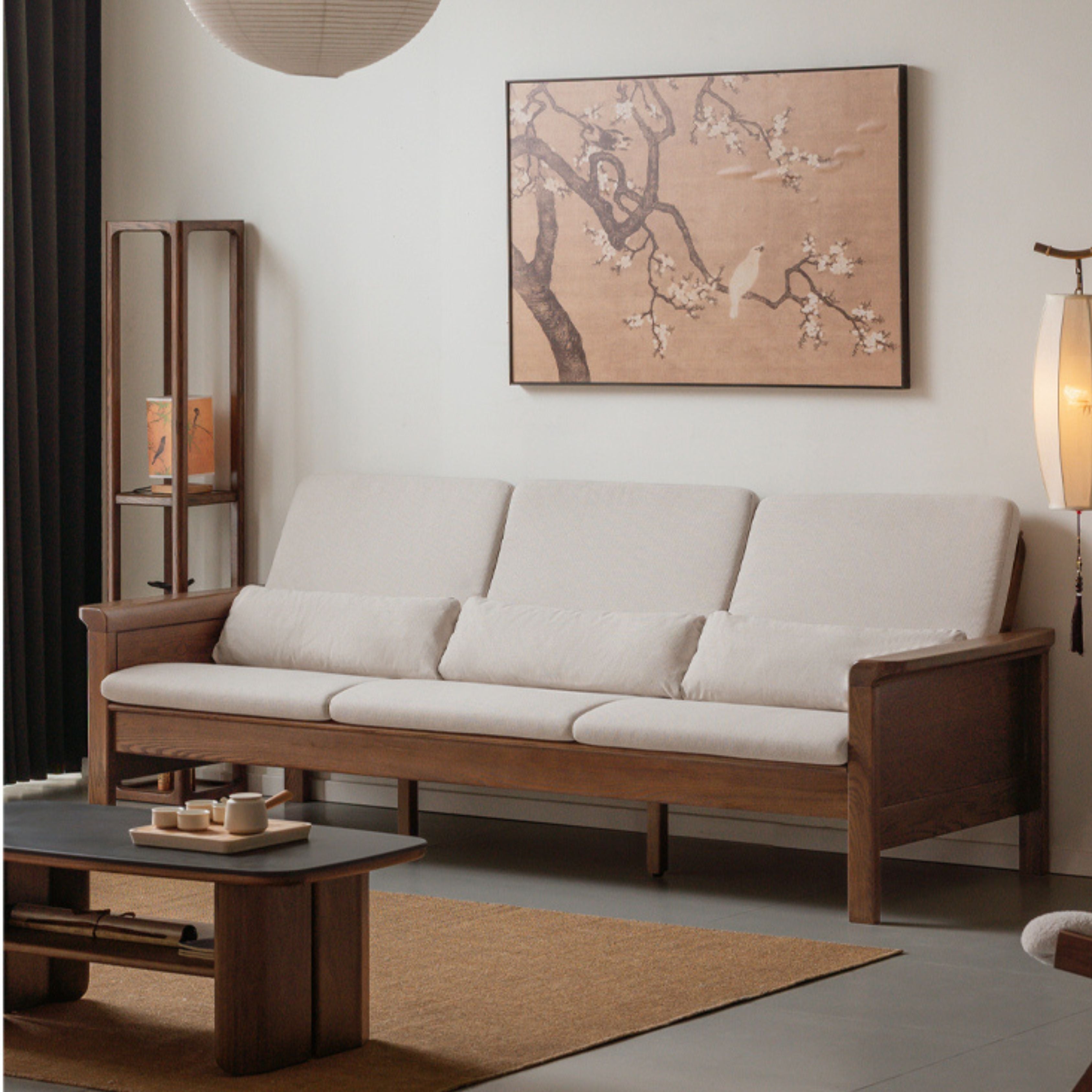 Ash Walnut Colored Straight Fabric Sofa.