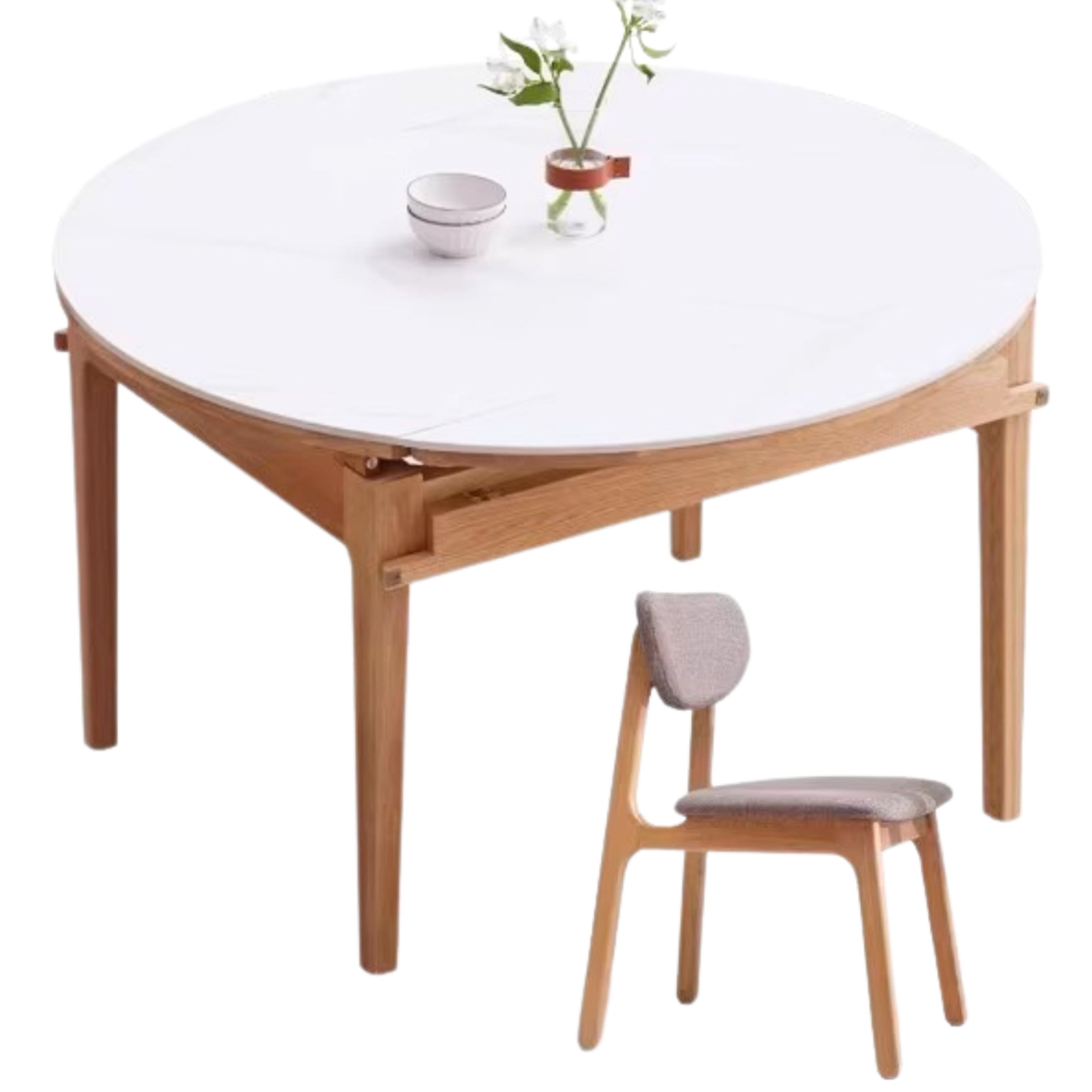 Oak, Solid Rubberwood Round Folding Dining Table With Rock Slab Surface