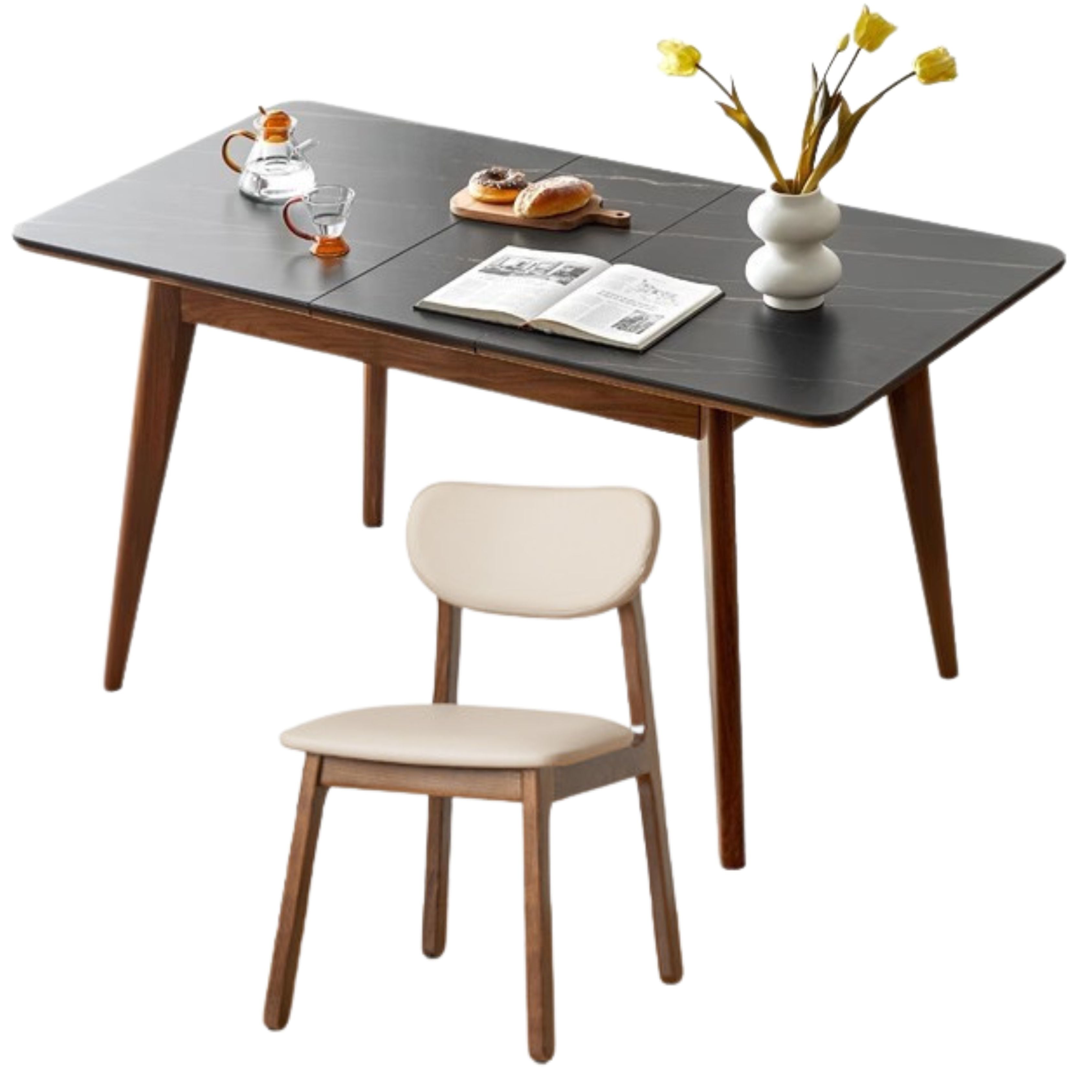 Black Walnut, Ash Solid Wood Telescopic Rock Slab Dining Table