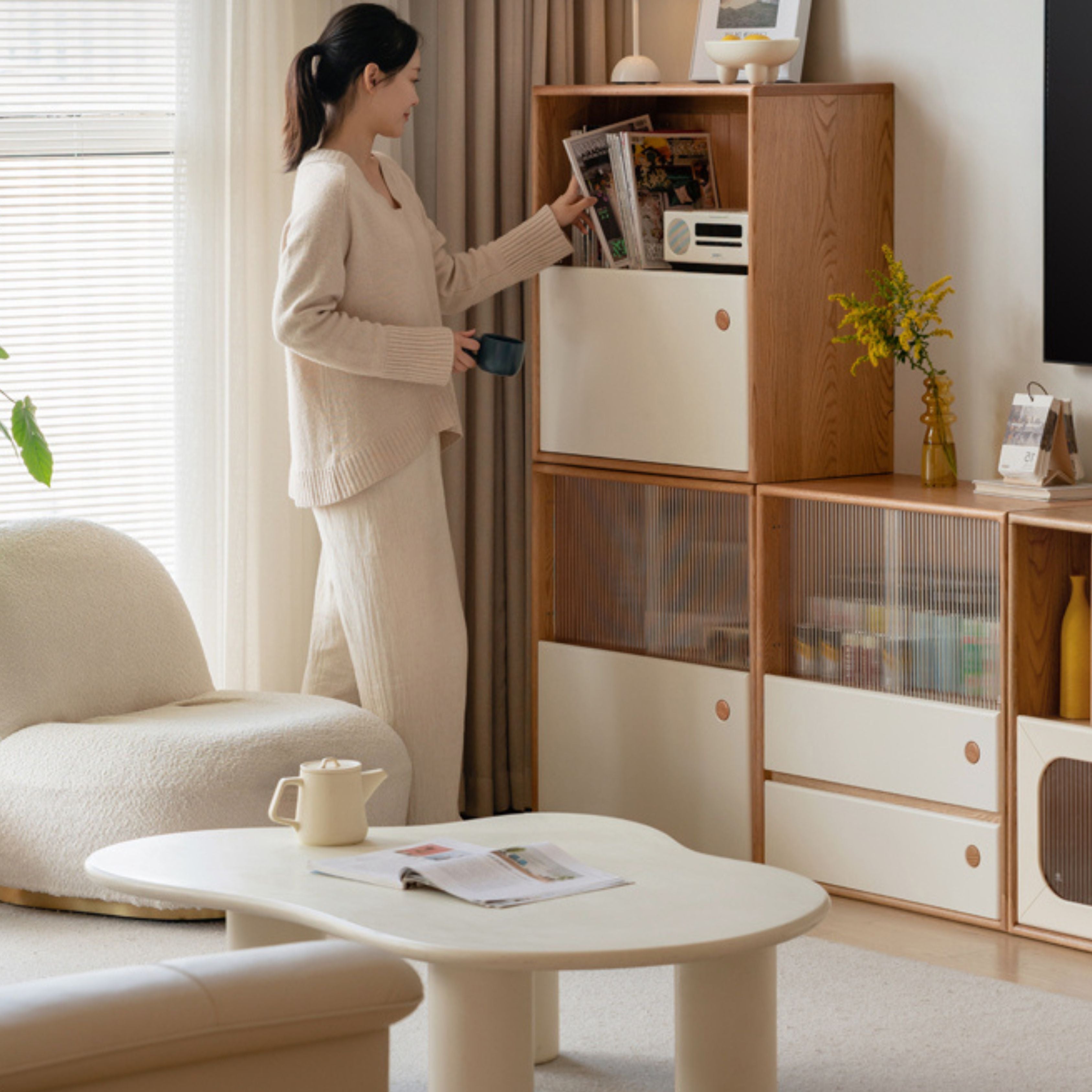Oak, Beech Solid Wood Cream Style Module Combination Bookcase