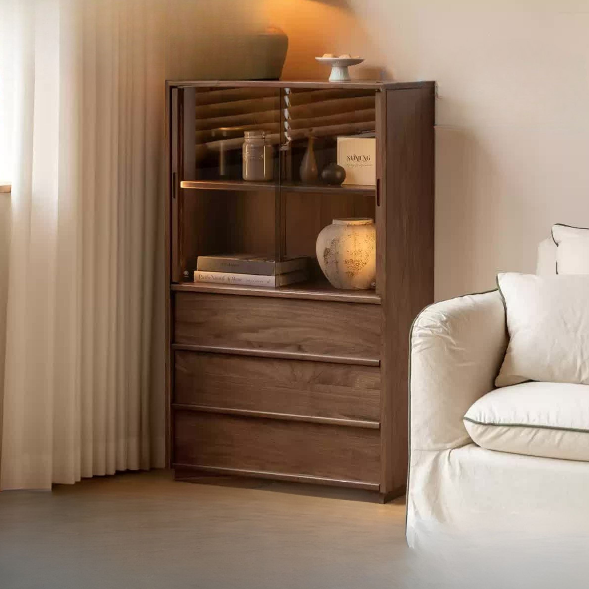 Black Walnut Solid Wood Wabi-Sabi Style Floor Side Cabinet.