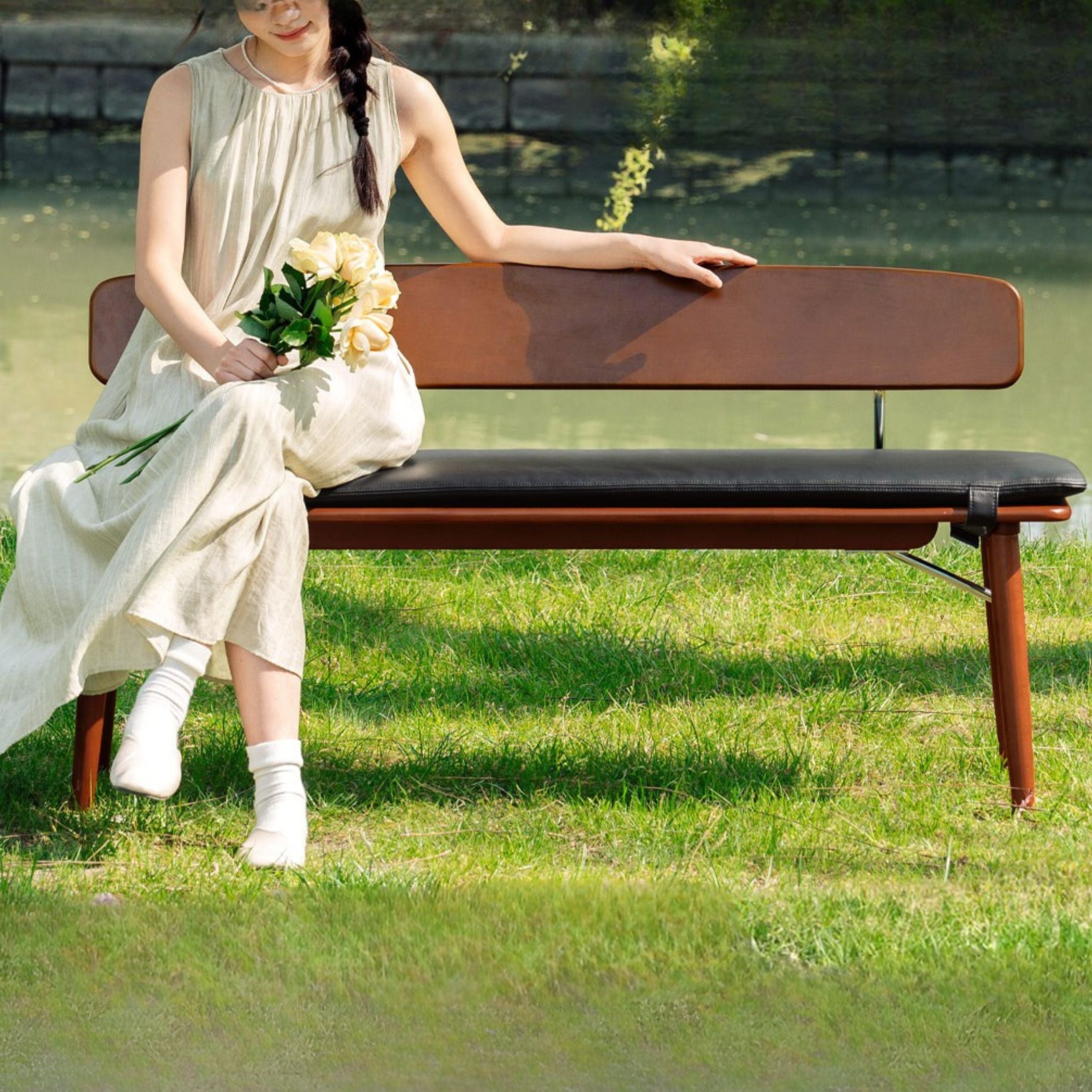 Beech Solid Wood Organic Leather Long Bench