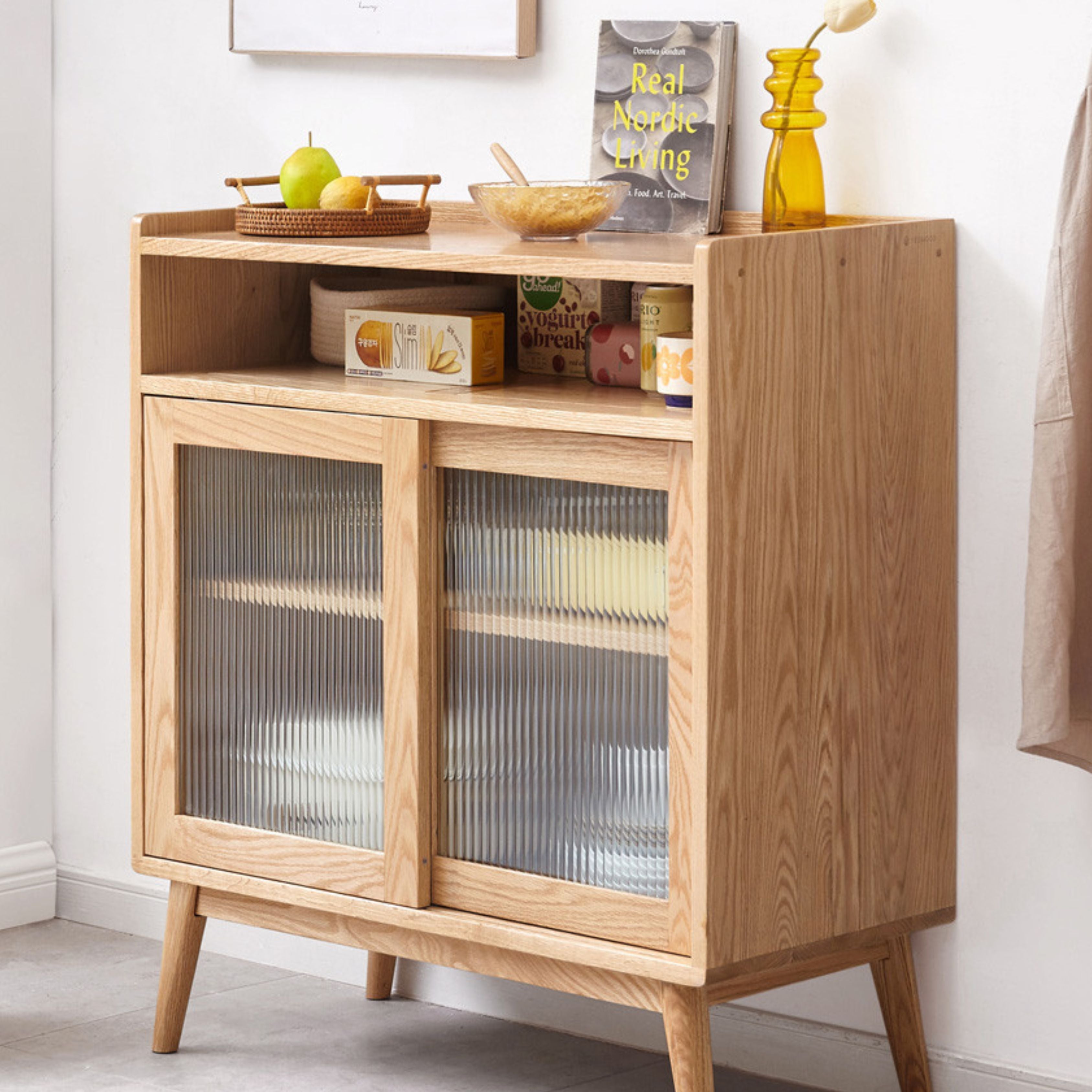Oak Solid Wood, Solid RubberWood Sideboard Sliding Doors