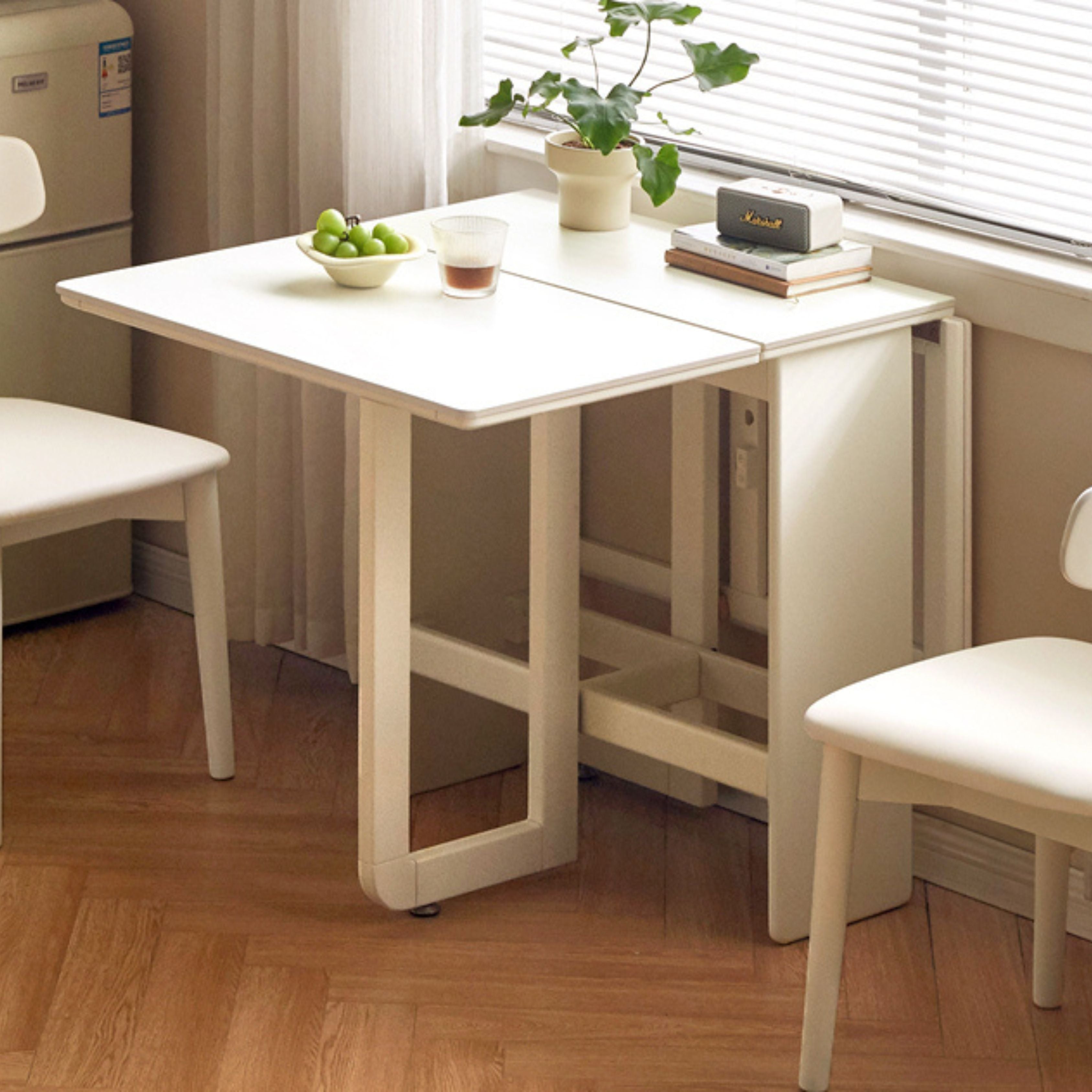 Solid Rubberwood Modern White Cream Folding Dining Table
