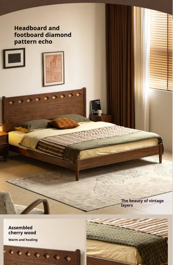 Black Walnut Solid Wood Mid-Century Classic Bed with Cherry Accent Headboard