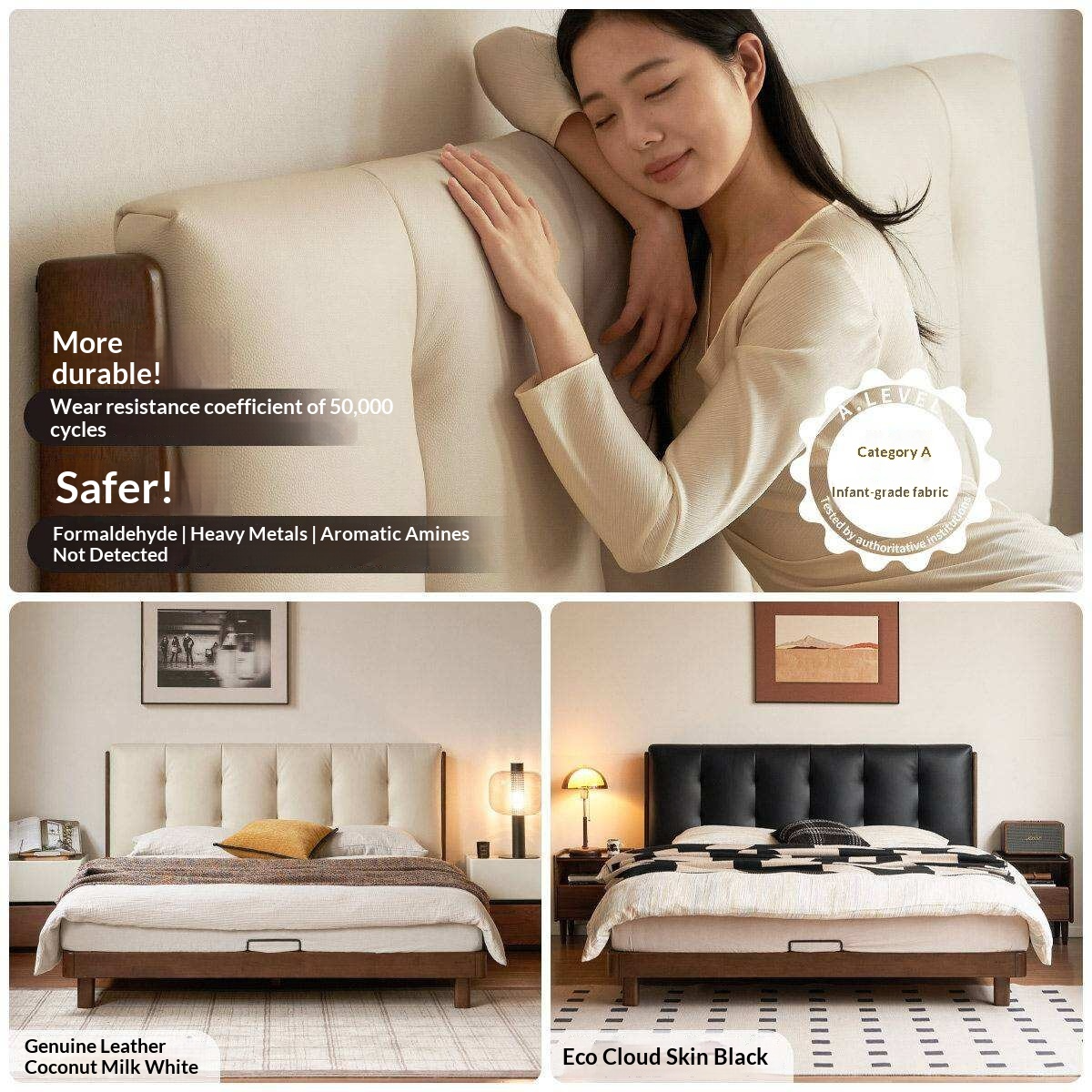 Rubberwood Solid Wood Italian Style Bed with Leather Headboard and Soft Goose Down Cushion