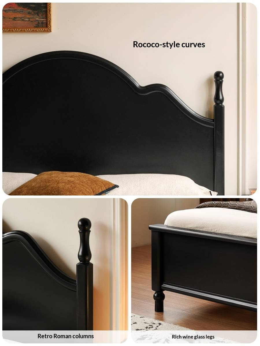 Rubberwood Solid Wood Bed American Retro Black Style