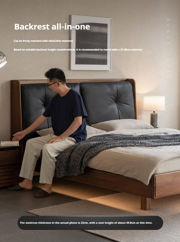 Black Walnut Solid Wood Italian Light Luxury Genuine Leather Soft Bed