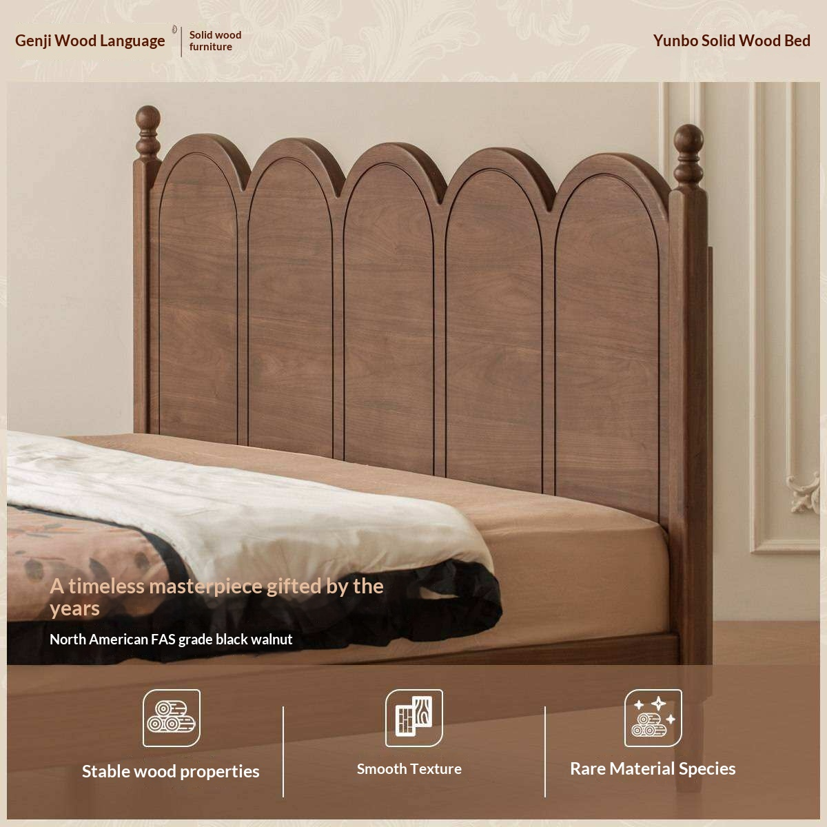 Black Walnut Solid Wood French Country Arched Platform Bed with Turned Posts