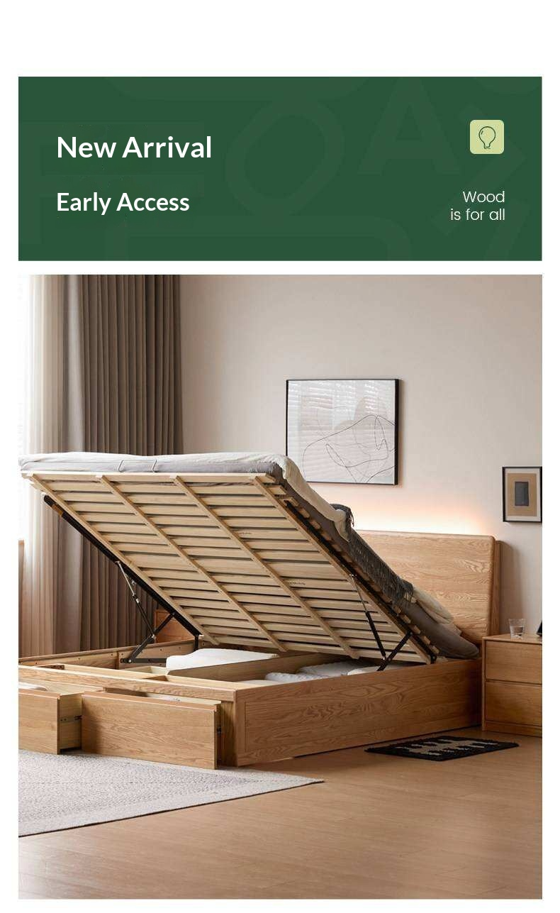 Oak Solid Wood Storage Bed with Hydraulic Lift-Up Frame and drawers
