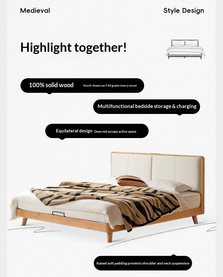 Cherry Solid Wood Bed with Top Layer Cowhide Soft Headboard Retro Style